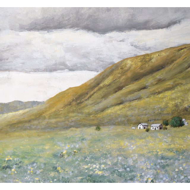 "Spring Hills" Mid Century Modern Farmhouse Landscape in Acrylic on Masonite Expansive landscape by notable California...