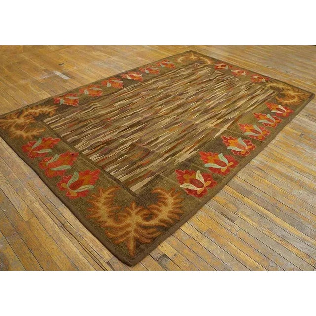 American Pretty Sienna-Brown Background With Detail of Folk Art Styles in a Strie Pattern Antique American Hooked Rug For Sale - Image 3 of 10