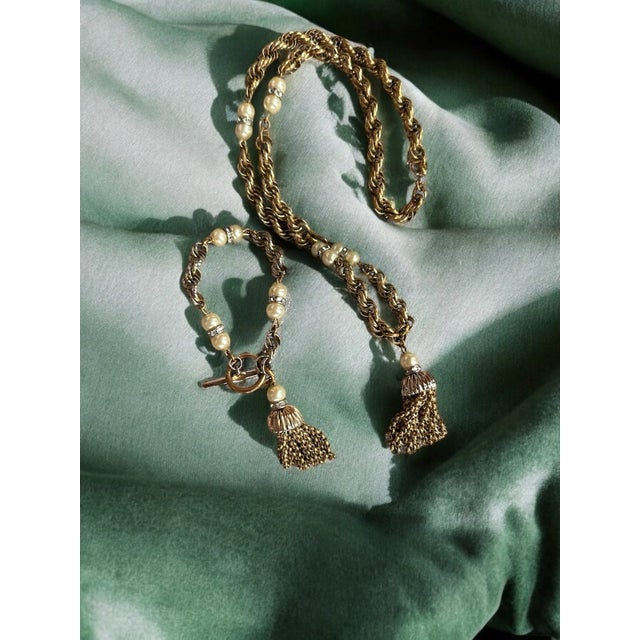 Mid 20th Century Trifari Chainlink Tassel Faux Pearl Rhinestone Necklace and Bracelet Set - 2 Pieces For Sale - Image 12 of 12