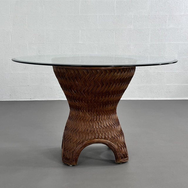 Wood Round Dining Table in Woven Rattan and Beveled Glass, 1970s For Sale - Image 7 of 9