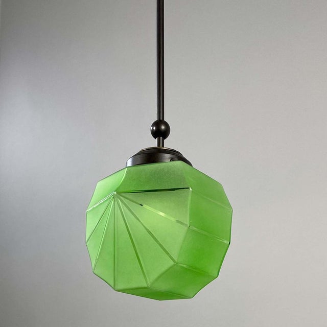 Swedish Green Uranium Glass and Burnished Brass Pendant from Böhlmarks, 1930s For Sale - Image 10 of 18