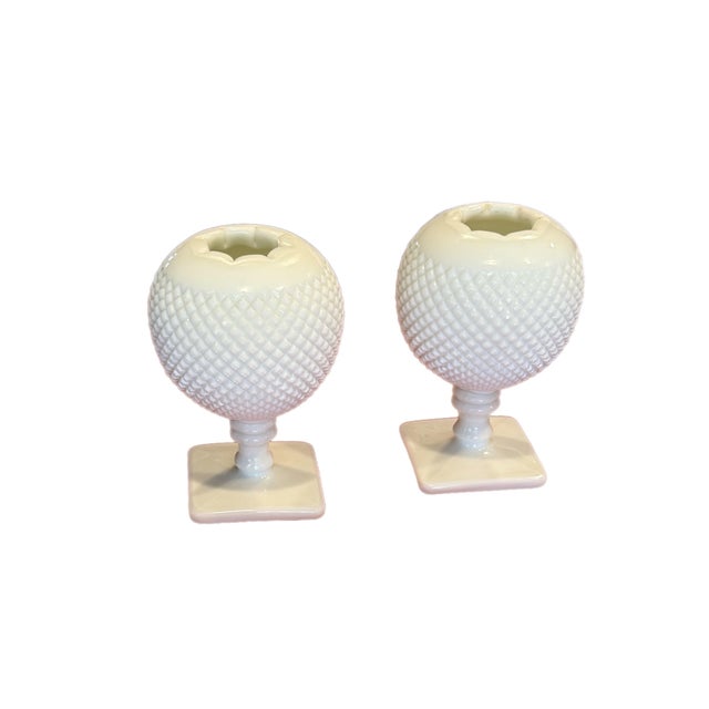 Vintage Westmoreland Milk Glass Hobnail Ivy Bowl Pedestal Vase Pair, 7" For Sale - Image 9 of 11