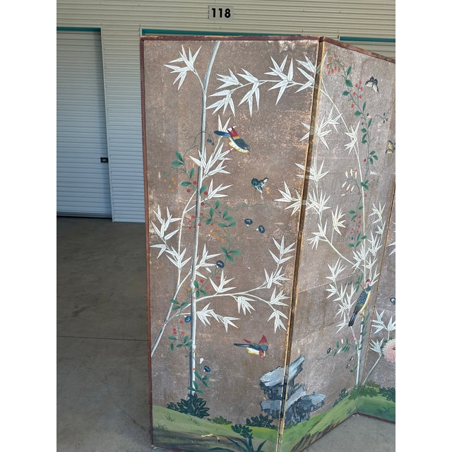 Taupe Antique Hand-Painted Japanese Four-Panel Screen With Birds and Bamboo Motif For Sale - Image 8 of 12