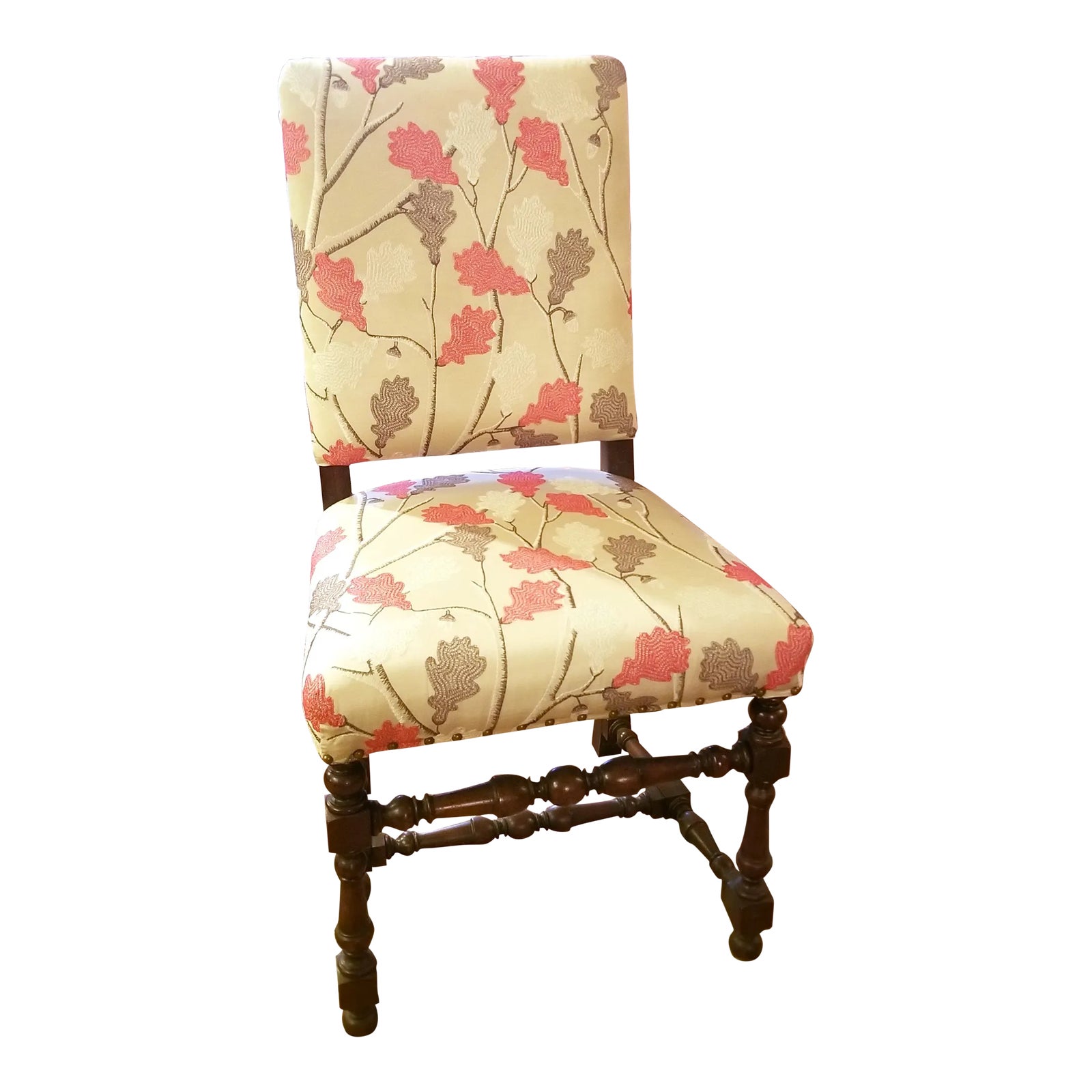 Antique Side Chair With Turned Legs and Oak Leaf Embroidered Upholstery