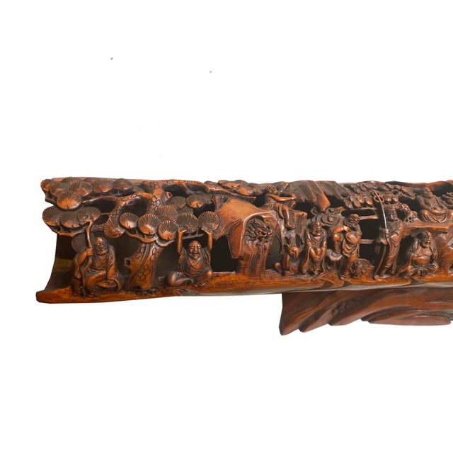 Chinese Bamboo Carved Curved Boat Shape 18 Lohons Display Art For Sale - Image 4 of 8