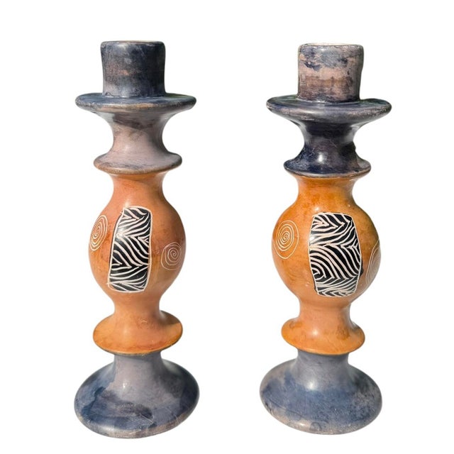 Contemporary Vintage Postmodern Carved Soapstone Candlesticks , a Pair For Sale - Image 3 of 11