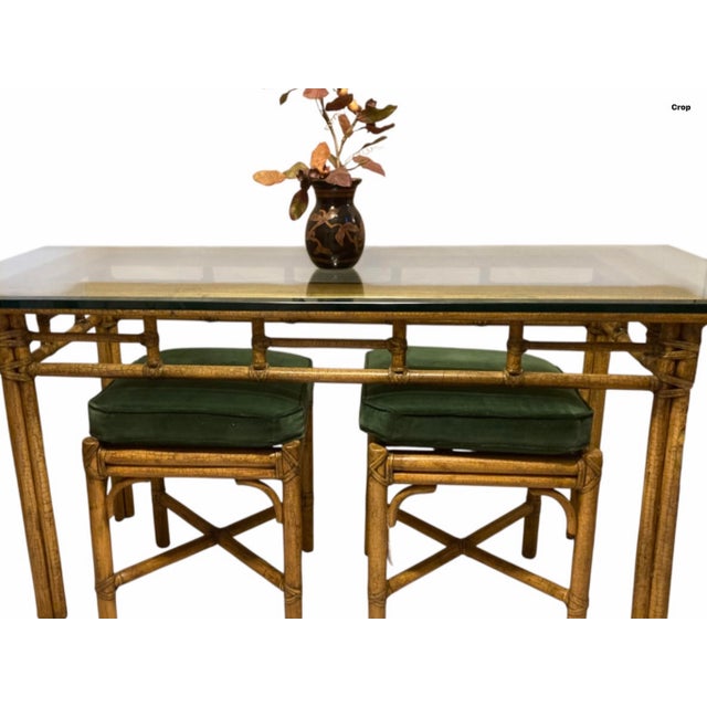 Coastal 1970s McGuire Bamboo Console Table With a Glass Top & Two Matching Stools . For Sale - Image 3 of 11