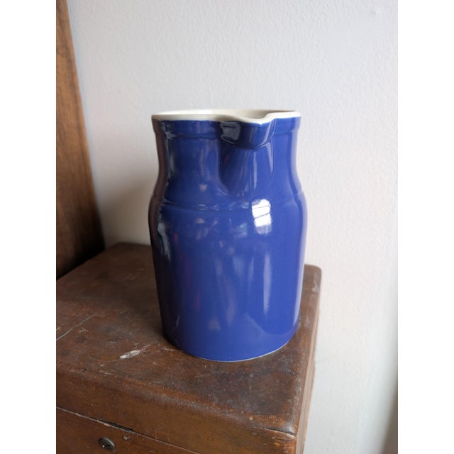 Digoin & Sarreguemines Vintage Digoin Grespots #2 Blue Stoneware Farmhouse Pitcher 6.75" Tall Vintage ~ Made in France For Sale - Image 4 of 12
