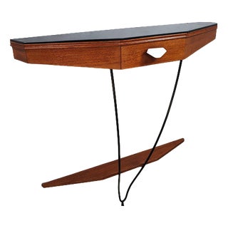 Wall-Mounted Console Table with Drawer in Mahogany and Black Glass, 1960s For Sale