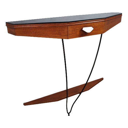 Wall-Mounted Console Table with Drawer in Mahogany and Black Glass, 1960s For Sale