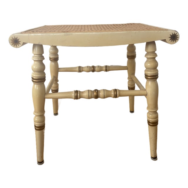 1950s Genuine Hitchcock Bench Federal Style Cream Color With Stenciled Details and Cane Seat For Sale