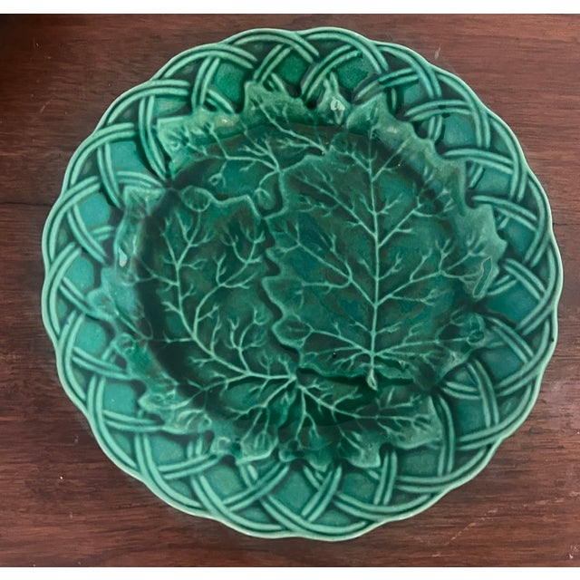 Antique English Green Majolica Bread Basket and Wall Plates- Set of 3 For Sale - Image 12 of 16