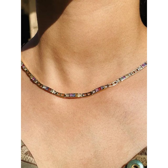 5.45ct Ranibow Sapphire Square Cut Tennis Necklace in 18k Yellow Gold For Sale - Image 4 of 13