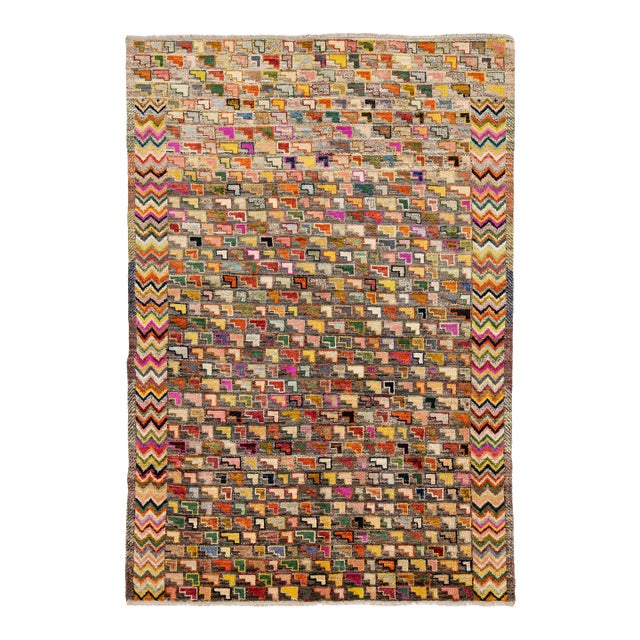 Contemporary Hand-Knotted Baluch Style Rug Vibrant L-Shaped Motif Geometric Wool For Sale