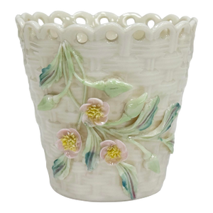 Vintage Belleek Ireland Porcelain Floral Basketweave Motif Spill Vase