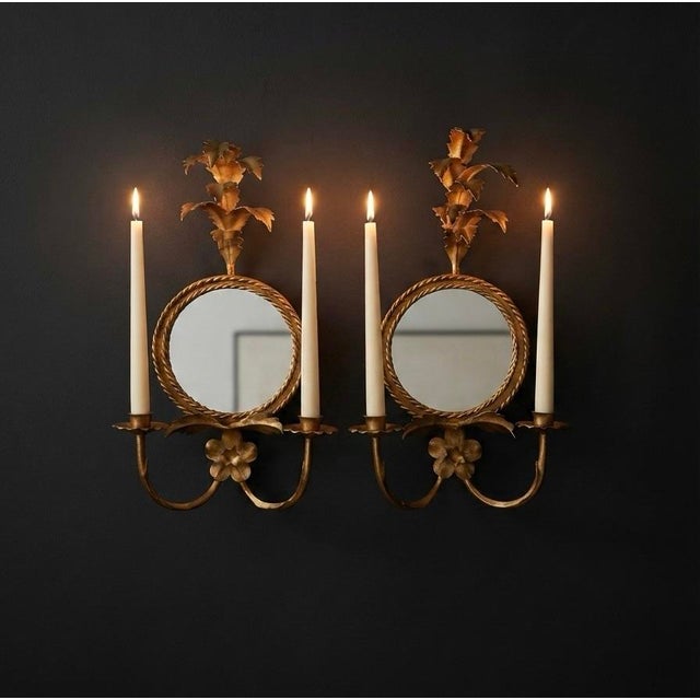 Mid-Century Italian Gilded Floral Mirror Sconces For Sale - Image 4 of 5