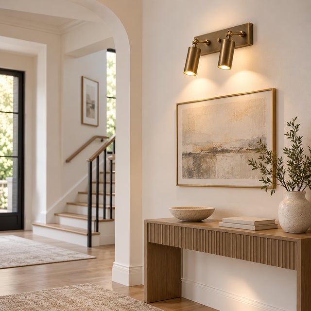 Bring warm architectural lighting to the bathroom, vanity, bedroom, or hallway with this handcrafted brass 2-light...