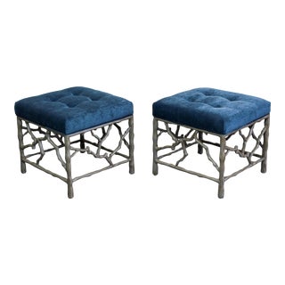 A Pair of Iron Faux Bois Blue Velvet Benches For Sale