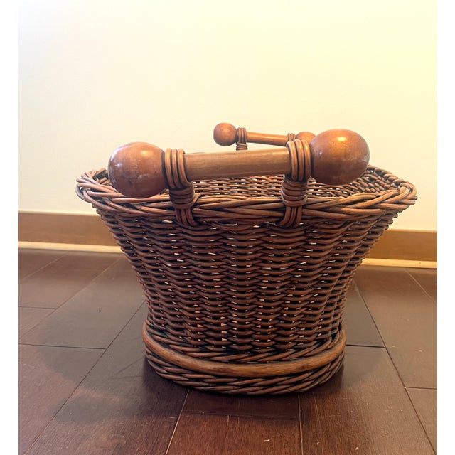 Brown Vintage Woven Wicker Basket With Turned Wood Handles & Wood Slatted Base For Sale - Image 8 of 14
