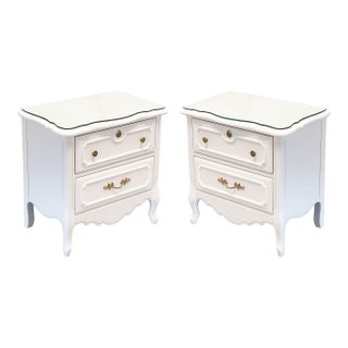 Vintage, 1960's 2-Drawer, White Lacquered, French Provencial Nightstands W/ Glass Tops by Stanley Furniture - A Pair For Sale