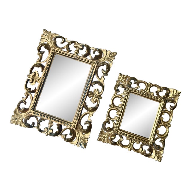 Pair of Vintage Italian Gold Rococo Wall Mirrors – Ornate Molded Frames- Made in Italy For Sale