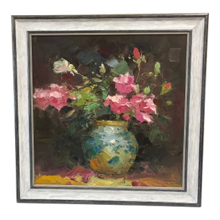 Impasto Still Life Oil Painting of Roses in Jardiniere For Sale