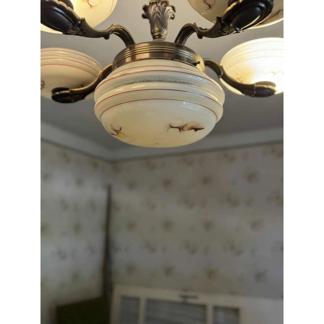 Art Deco Brass and Glass 5-Arm Chandelier, Central Europe, 1940s For Sale - Image 3 of 6