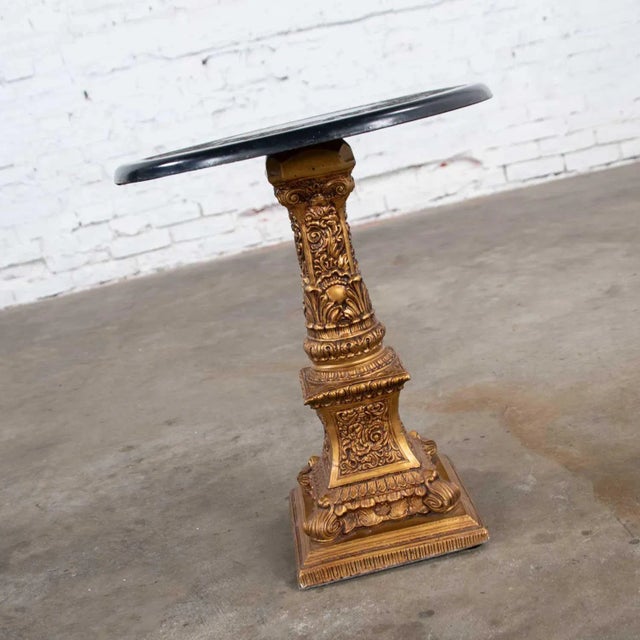 Hollywood Regency Neoclassic Hollywood Regency Gilded Plaster Round Pedestal Side Table & Black Top For Sale - Image 3 of 13