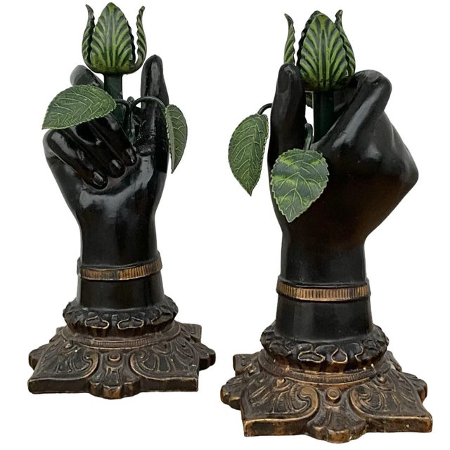 Metal Italian Neo-Classical Style Metal Tole Hand Form & Leaf Candlesticks - Pair For Sale - Image 7 of 8