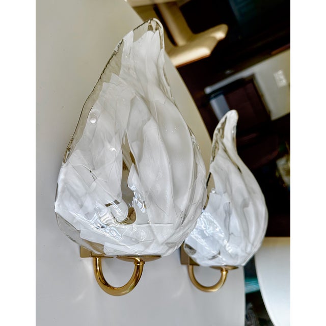 1970s Pair Mazzega Murano White & Clear Glass Leaf Wall Sconces For Sale - Image 5 of 15