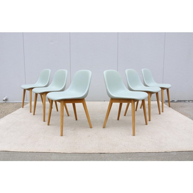 Danish Iskos-Berlin for Muuto Blue Leather Fiber Side Chairs Wood Base, Set of 6 For Sale - Image 9 of 18