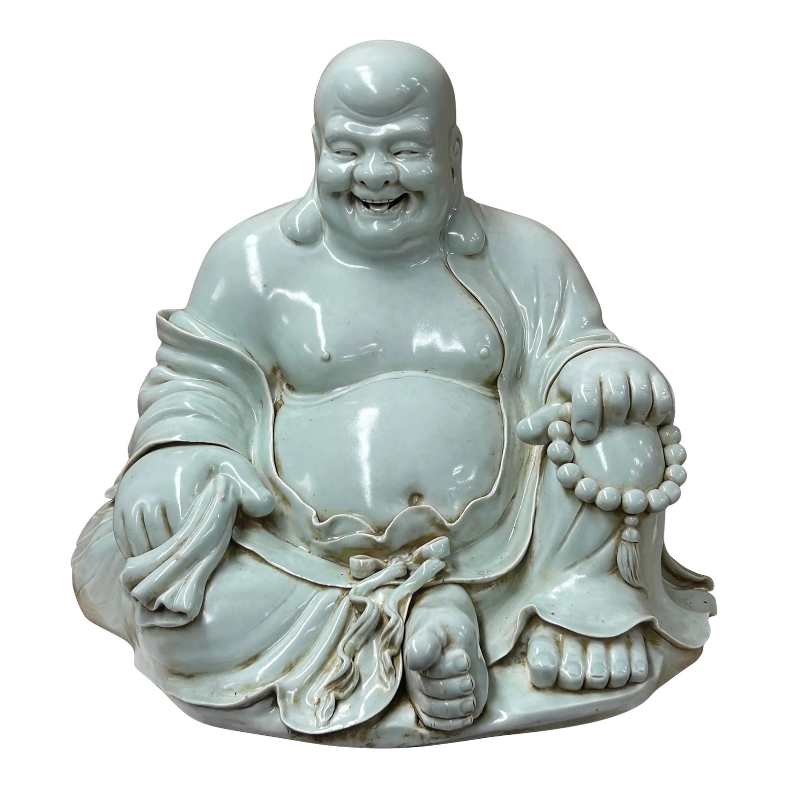 Oriental White Happy Laughing Buddha Ru Yi Praying Beads Porcelain ...