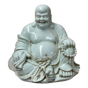 Oriental White Happy Laughing Buddha Ru Yi Praying Beads Porcelain Figure