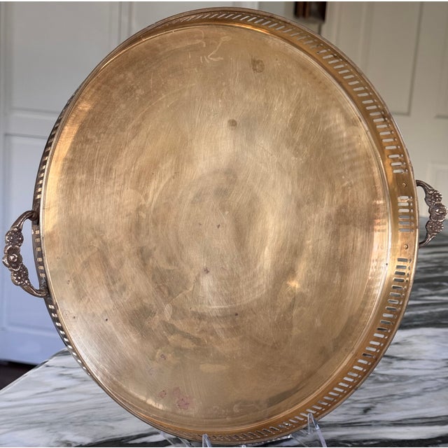 Made in India Solid Brass Round Tray With Floral Motif Handles, Polished For Sale - Image 13 of 17