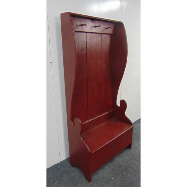 Rustic Settle Style Pine Red Painted Hall Bench For Sale - Image 4 of 7