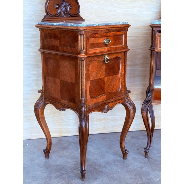 Antique French Mahogany Night Stands with marble top and crest, 1900, A Pair For Sale - Image 9 of 18