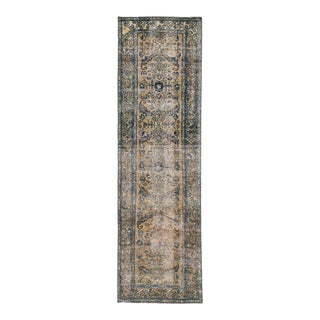 Vintage Persian Distressed Handmade Floral Brown Wool Runner For Sale
