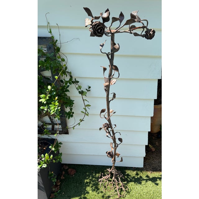 1940s Hand Forged Wrought Iron Rose Floor Candle Holder Sculpture Roots Blacksmith For Sale - Image 11 of 13
