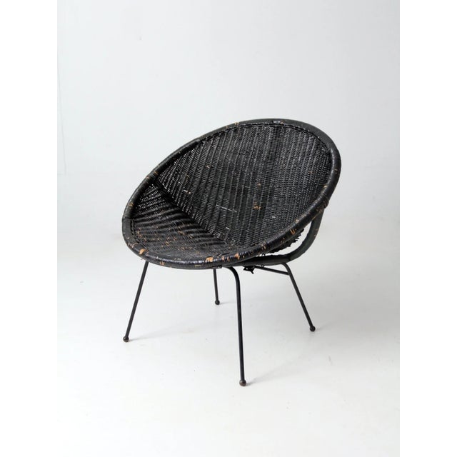 Mid Century Black Wicker Saucer Chair For Sale - Image 4 of 8