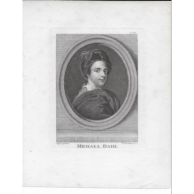 18th century engraving portrait of the Swiss artist Michael Dahl (1659-1743). Engraved by Thomas Chambers (1742-1789) from...