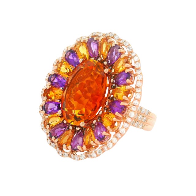 12.39 Carats Multi-Colored Gemstones Diamond 14k Rose Gold Sunflower Halo Ring, Size 7 For Sale In Los Angeles - Image 6 of 6
