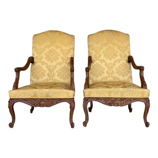 Louis XVI Style Spanish Pair of High Back Carved Walnut Armchairs, 1900s For Sale