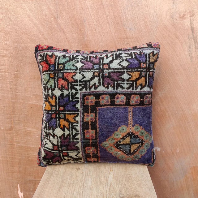 Blue 16×16 Vintage Turkish Rug Pillow – Handmade Boho Decorative Sofa Cushion For Sale - Image 8 of 11