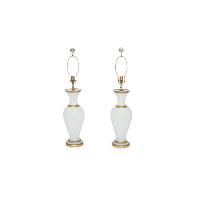 Contemporary Early 20th Century Opaline Glass Gilt Gold Table Lamps - a Pair For Sale - Image 3 of 9
