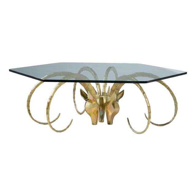 Alain Chervet Mid Century Brass Ibex Glass Top Coffee Table For Sale
