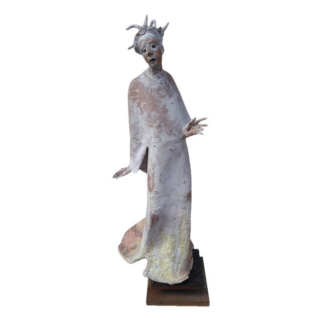 Maurizio Zurla Crema, Figurative Sculpture, 1970s, Polychrome Terracotta on Wood Base For Sale