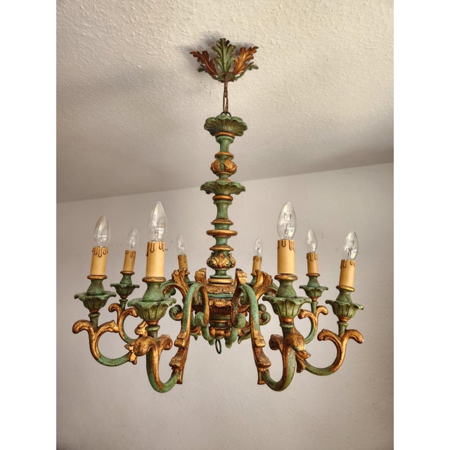 Vintage Louis XV Silvered Gold-Plated Leaf Carved Wood Eight Light Chandelier with Floral Motifs, Italy, 1920s, Set of 2 For Sale - Image 12 of 18