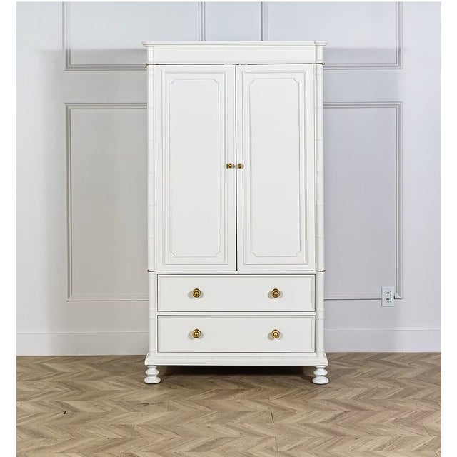 Coastal 1970s Vintage Faux Bamboo Armoire From Baker Furniture Lacquered Off White For Sale - Image 3 of 5