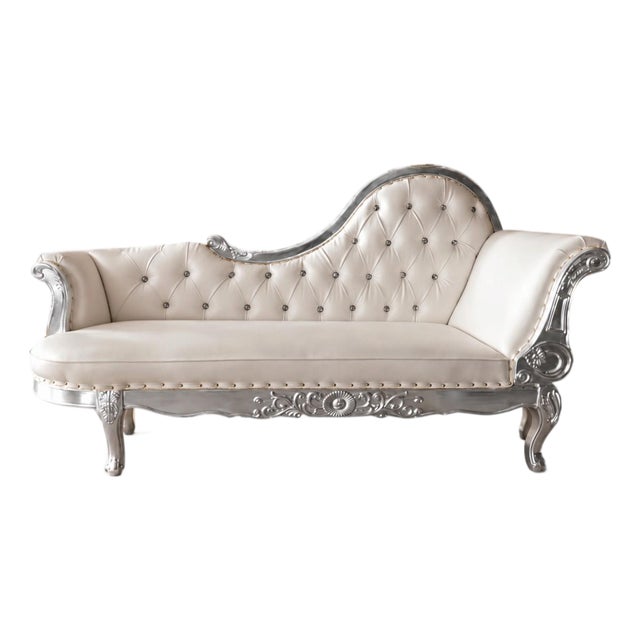 Elegant French Provincial White Tufted Chaise Lounge With Ornate Silver-Tone Frame For Sale