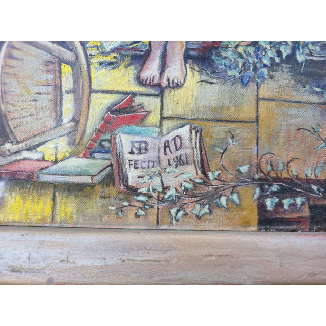 Canary Yellow Large Signed "Nb" 1961 Mid Century Surrealist Oil Painting on Canvas For Sale - Image 8 of 10